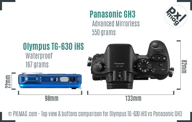 Olympus TG-630 iHS vs Panasonic GH3 top view buttons comparison Olympus TG-630 iHS vs Panasonic GH3 top view buttons comparison