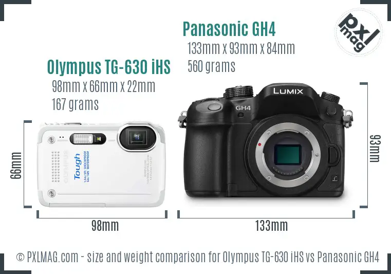 Olympus TG-630 iHS vs Panasonic GH4 size comparison