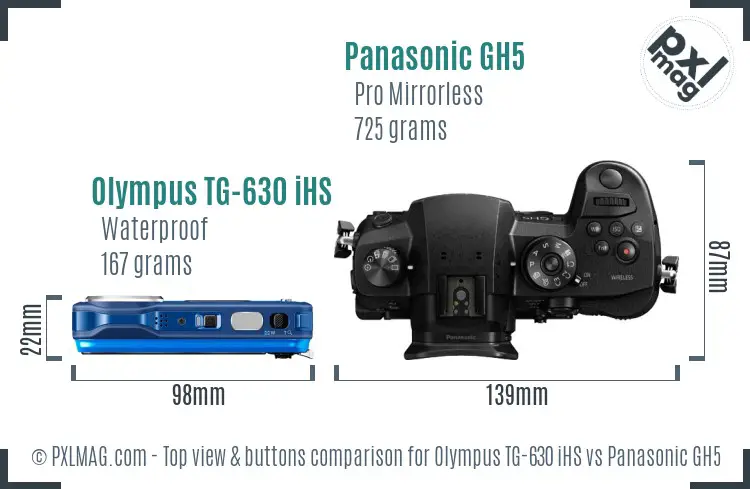 Olympus TG-630 iHS vs Panasonic GH5 top view buttons comparison Olympus TG-630 iHS vs Panasonic GH5 top view buttons comparison