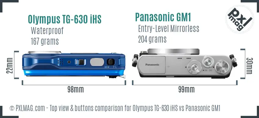 Olympus TG-630 iHS vs Panasonic GM1 top view buttons comparison Olympus TG-630 iHS vs Panasonic GM1 top view buttons comparison