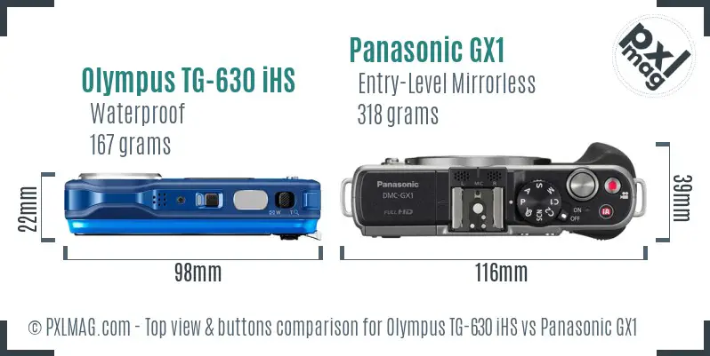 Olympus TG-630 iHS vs Panasonic GX1 top view buttons comparison Olympus TG-630 iHS vs Panasonic GX1 top view buttons comparison