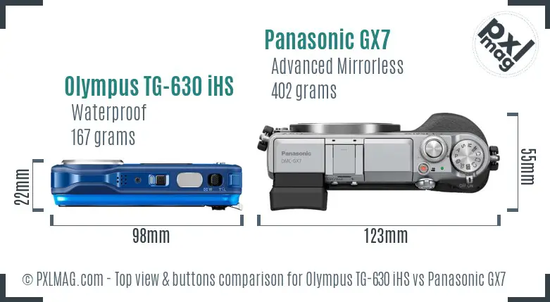 Olympus TG-630 iHS vs Panasonic GX7 top view buttons comparison Olympus TG-630 iHS vs Panasonic GX7 top view buttons comparison