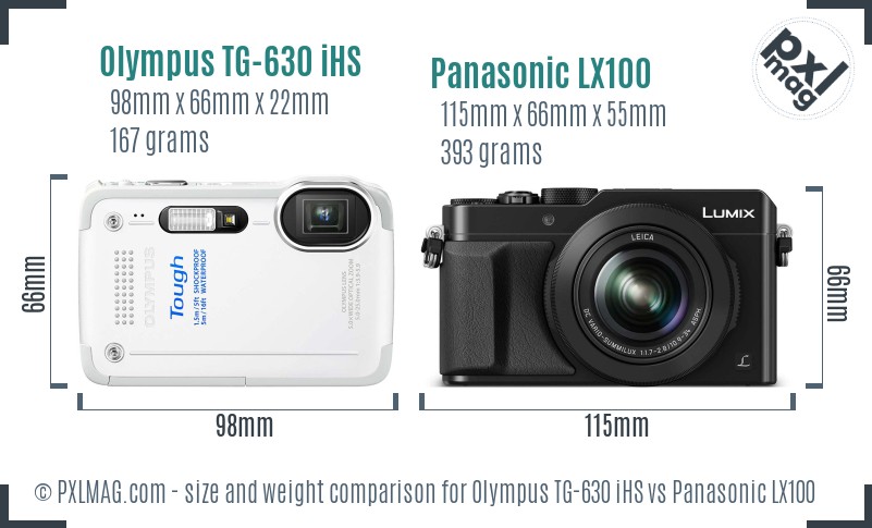Olympus TG-630 iHS vs Panasonic LX100 size comparison