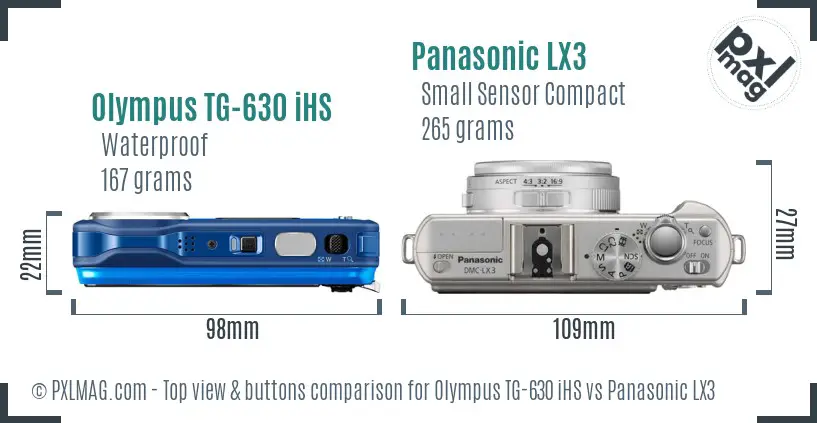 Olympus TG-630 iHS vs Panasonic LX3 top view buttons comparison Olympus TG-630 iHS vs Panasonic LX3 top view buttons comparison