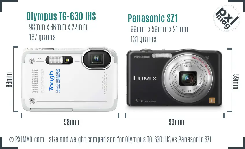Olympus TG-630 iHS vs Panasonic SZ1 size comparison