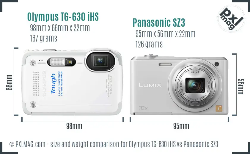 Olympus TG-630 iHS vs Panasonic SZ3 size comparison