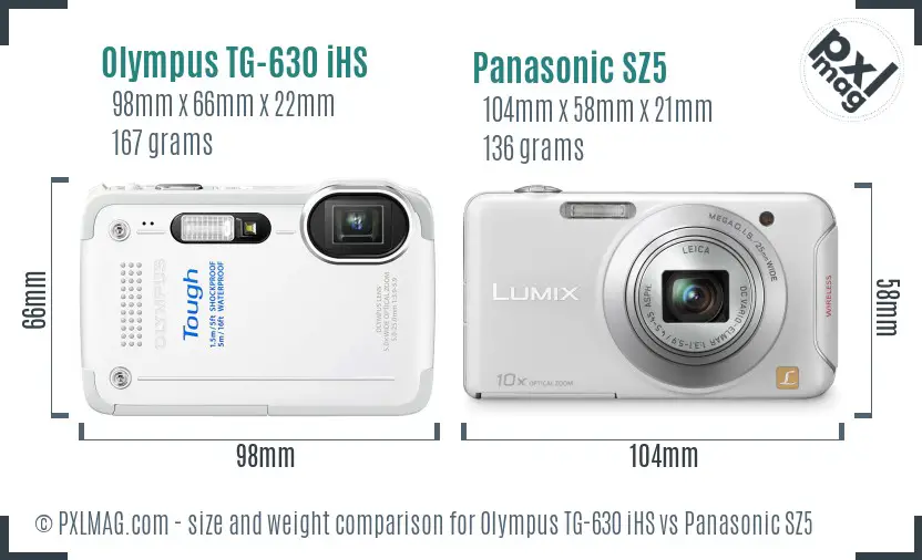 Olympus TG-630 iHS vs Panasonic SZ5 size comparison