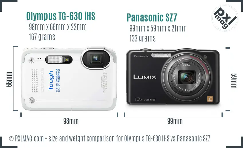 Olympus TG-630 iHS vs Panasonic SZ7 size comparison