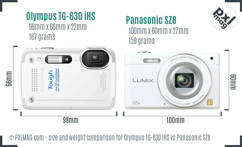 Olympus TG-630 iHS vs Panasonic SZ8 size comparison Olympus TG-630 iHS vs Panasonic SZ8 size comparison