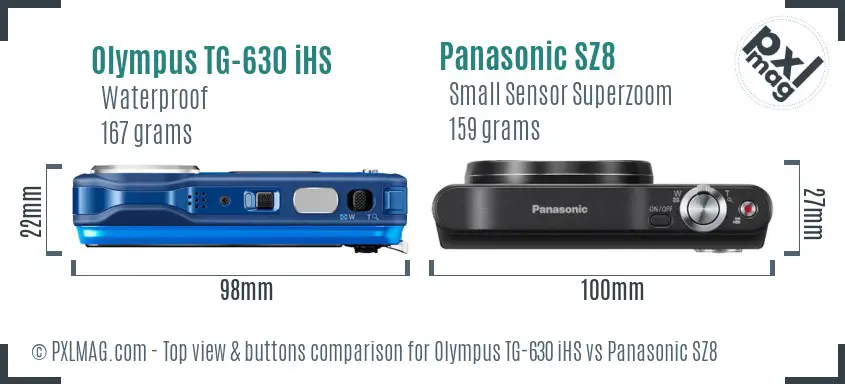 Olympus TG-630 iHS vs Panasonic SZ8 top view buttons comparison Olympus TG-630 iHS vs Panasonic SZ8 top view buttons comparison