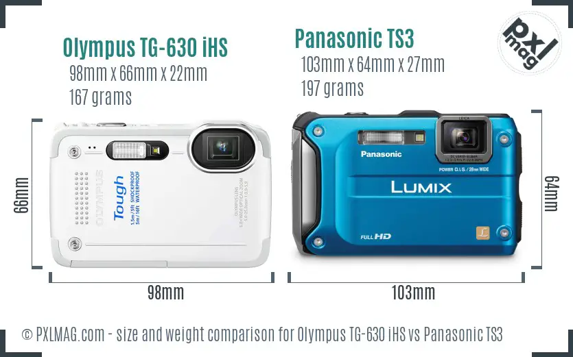 Olympus TG-630 iHS vs Panasonic TS3 size comparison