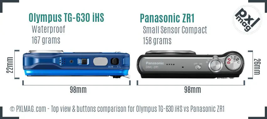 Olympus TG-630 iHS vs Panasonic ZR1 top view buttons comparison