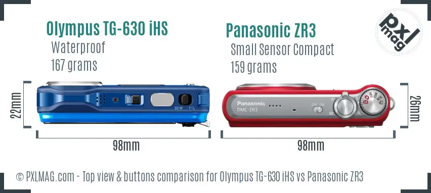 Olympus TG-630 iHS vs Panasonic ZR3 top view buttons comparison