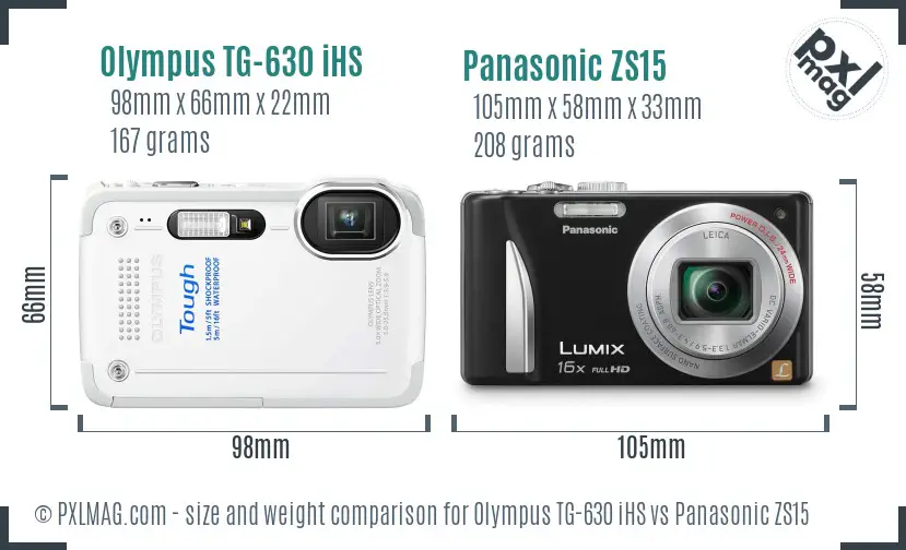 Olympus TG-630 iHS vs Panasonic ZS15 size comparison
