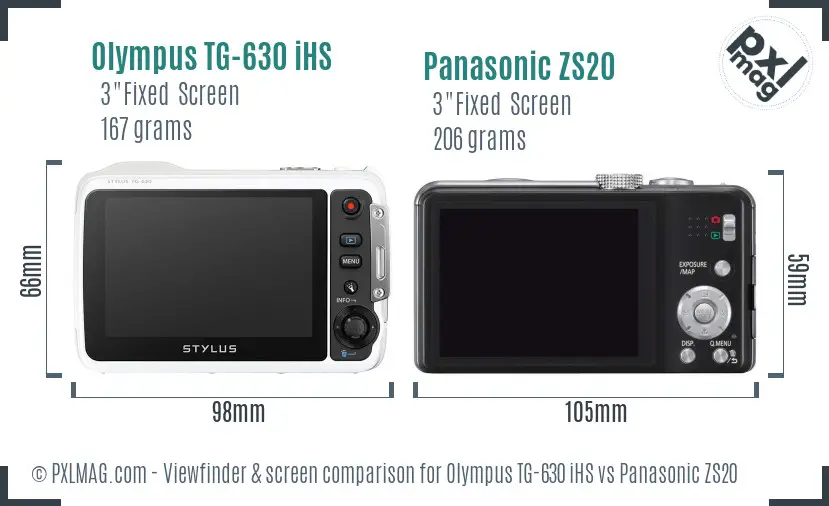 Olympus TG-630 iHS vs Panasonic ZS20 Screen and Viewfinder comparison