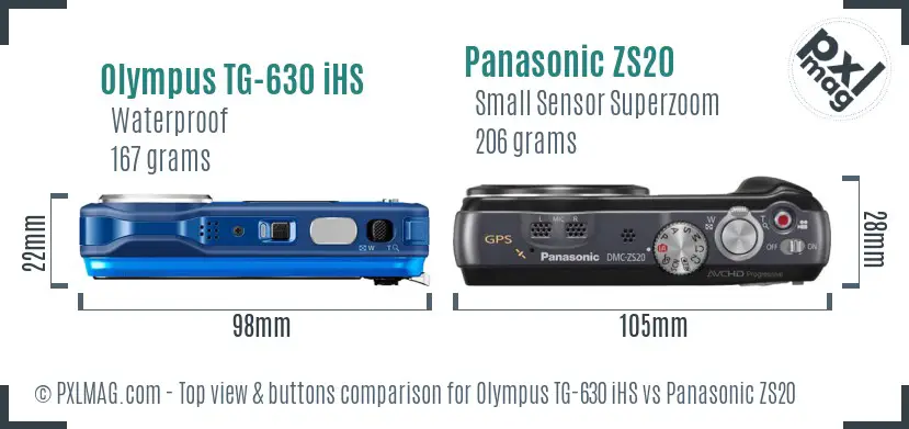 Olympus TG-630 iHS vs Panasonic ZS20 top view buttons comparison
