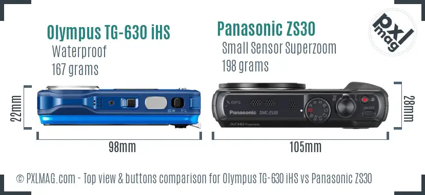 Olympus TG-630 iHS vs Panasonic ZS30 top view buttons comparison