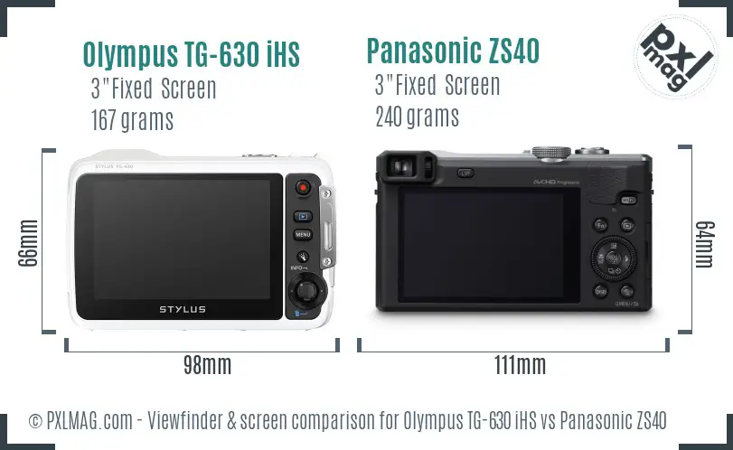 Olympus TG-630 iHS vs Panasonic ZS40 Screen and Viewfinder comparison