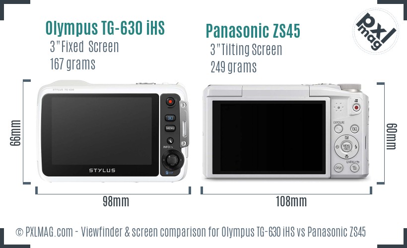Olympus TG-630 iHS vs Panasonic ZS45 Screen and Viewfinder comparison