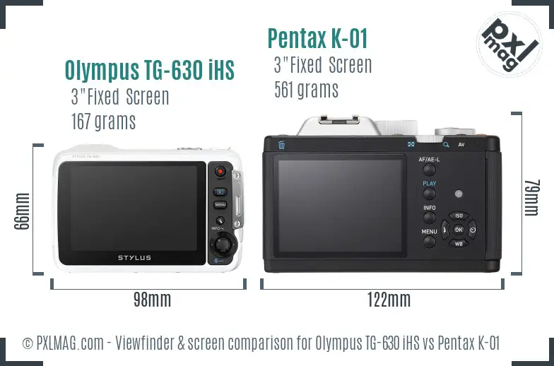 Olympus TG-630 iHS vs Pentax K-01 Screen and Viewfinder comparison