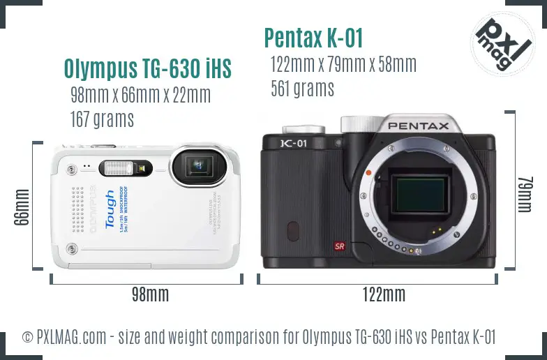 Olympus TG-630 iHS vs Pentax K-01 size comparison
