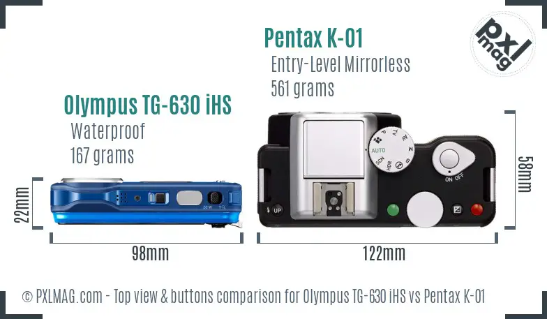 Olympus TG-630 iHS vs Pentax K-01 top view buttons comparison