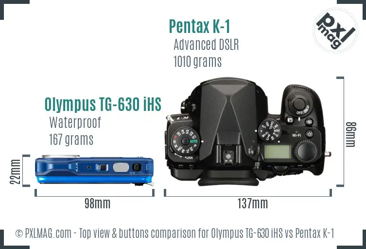 Olympus TG-630 iHS vs Pentax K-1 top view buttons comparison