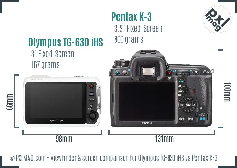Olympus TG-630 iHS vs Pentax K-3 Screen and Viewfinder comparison