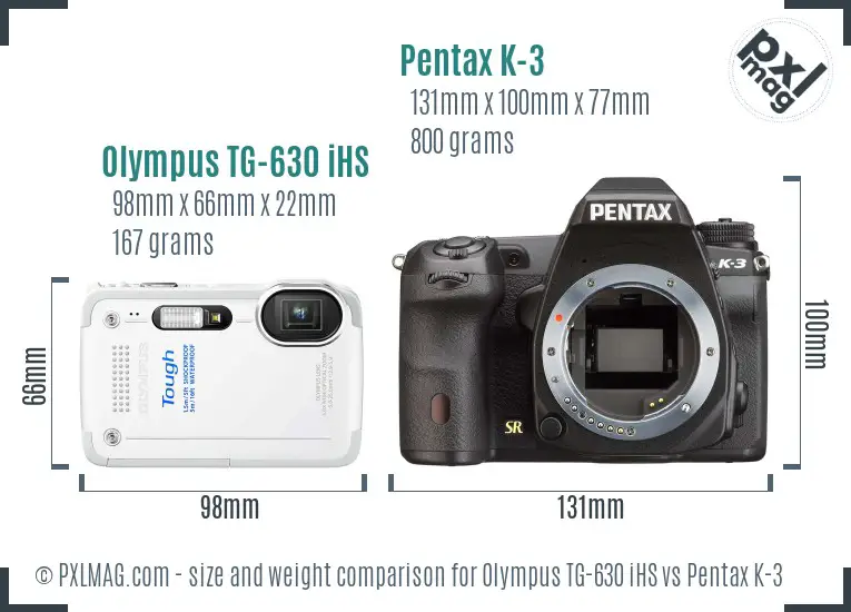 Olympus TG-630 iHS vs Pentax K-3 size comparison