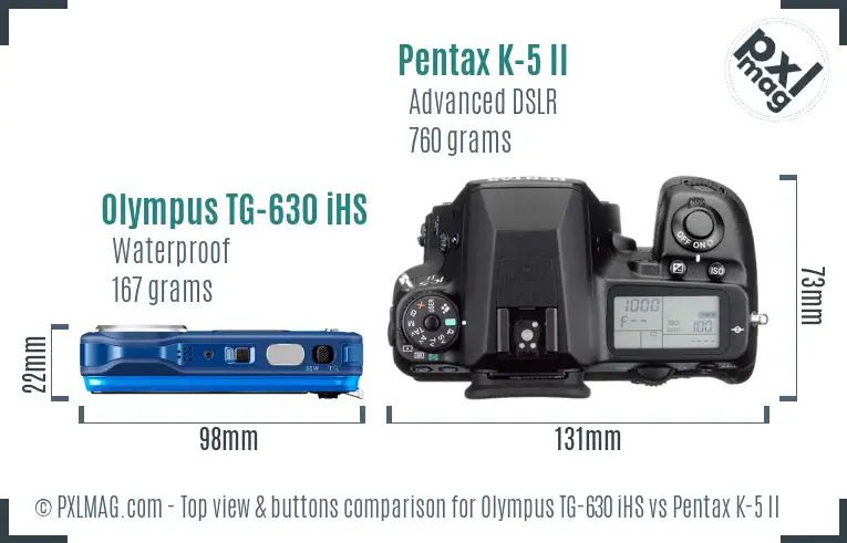 Olympus TG-630 iHS vs Pentax K-5 II top view buttons comparison