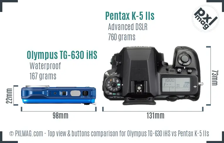 Olympus TG-630 iHS vs Pentax K-5 IIs top view buttons comparison