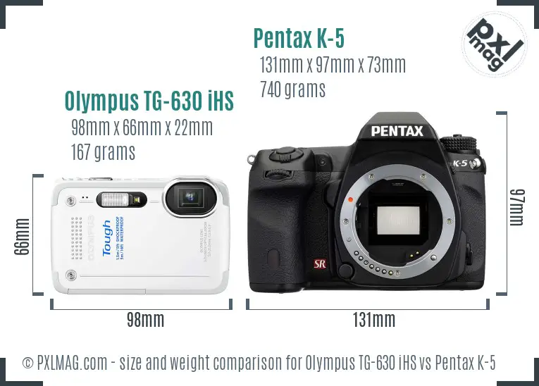 Olympus TG-630 iHS vs Pentax K-5 size comparison
