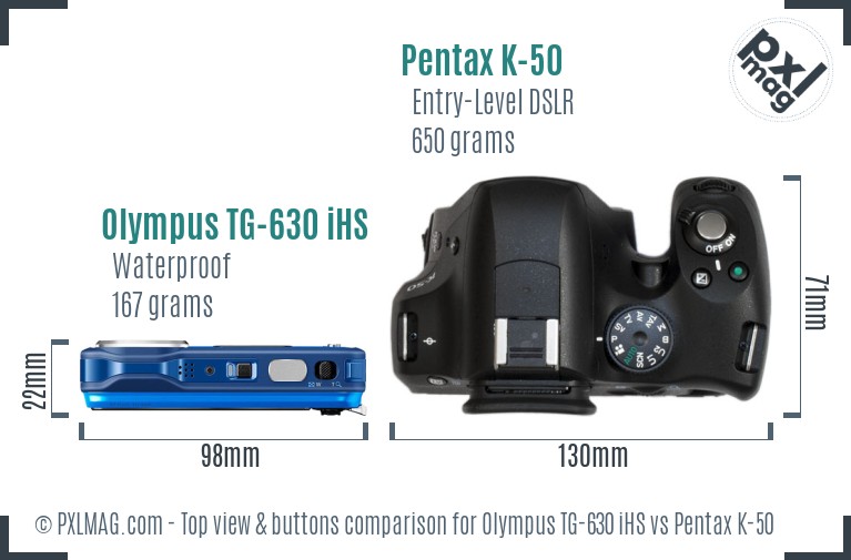 Olympus TG-630 iHS vs Pentax K-50 top view buttons comparison