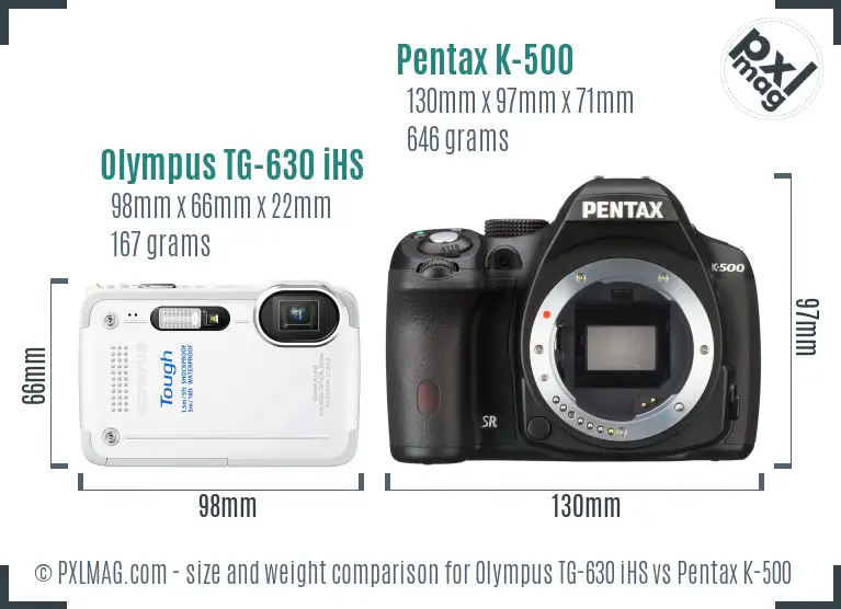 Olympus TG-630 iHS vs Pentax K-500 size comparison