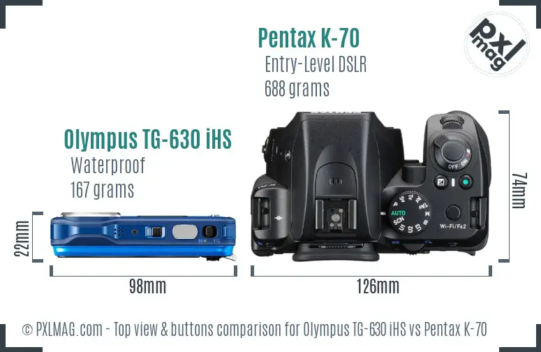 Olympus TG-630 iHS vs Pentax K-70 top view buttons comparison