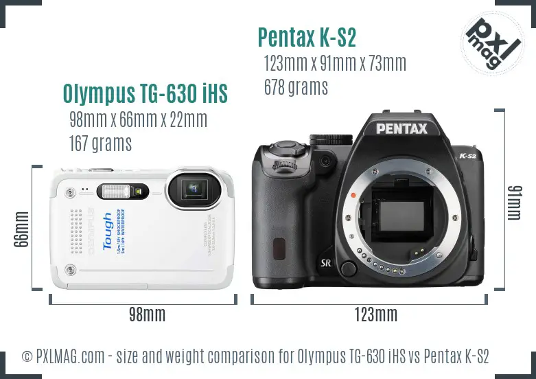 Olympus TG-630 iHS vs Pentax K-S2 size comparison