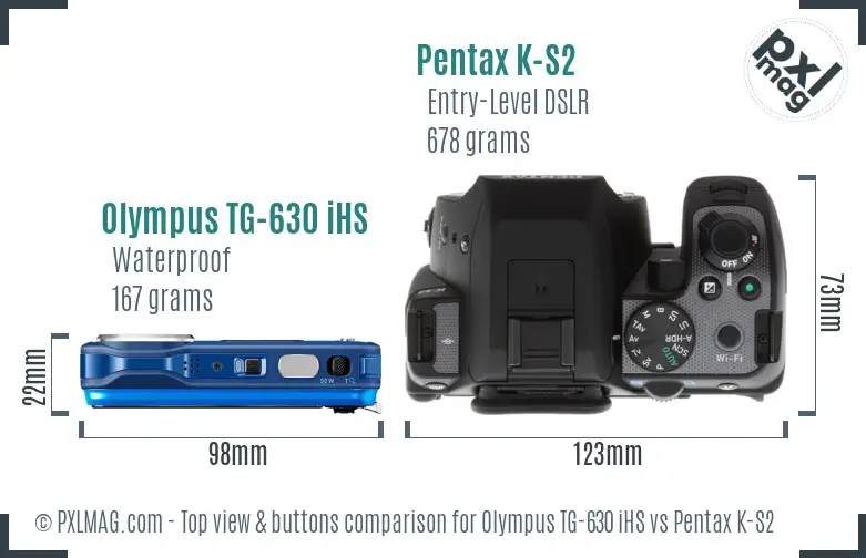 Olympus TG-630 iHS vs Pentax K-S2 top view buttons comparison