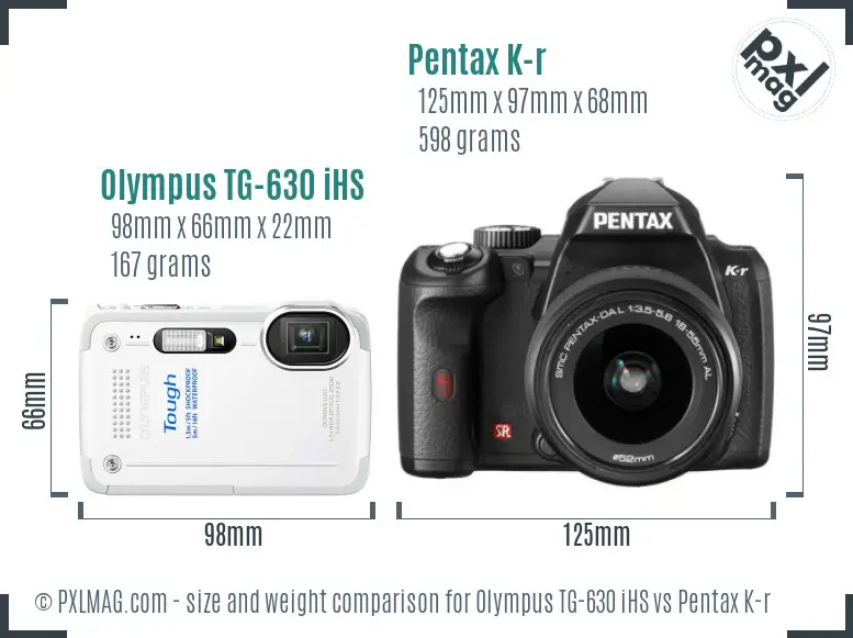 Olympus TG-630 iHS vs Pentax K-r size comparison