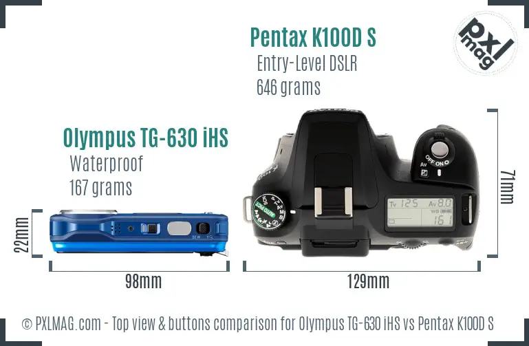 Olympus TG-630 iHS vs Pentax K100D S top view buttons comparison