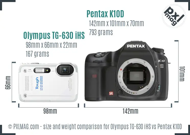 Olympus TG-630 iHS vs Pentax K10D size comparison Olympus TG-630 iHS vs Pentax K10D size comparison