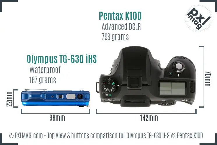 Olympus TG-630 iHS vs Pentax K10D top view buttons comparison Olympus TG-630 iHS vs Pentax K10D top view buttons comparison
