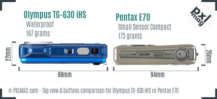 Olympus TG-630 iHS vs Pentax E70 top view buttons comparison