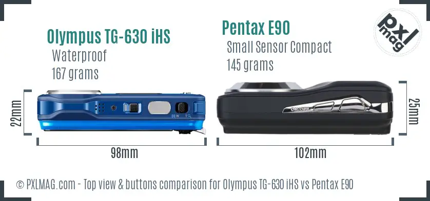 Olympus TG-630 iHS vs Pentax E90 top view buttons comparison