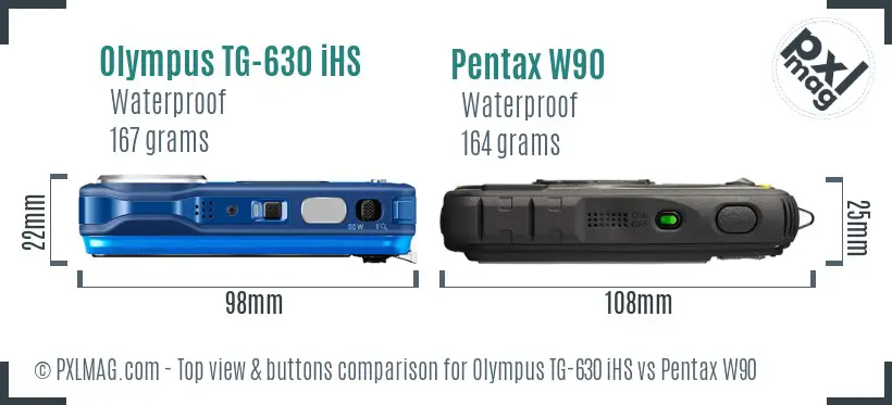 Olympus TG-630 iHS vs Pentax W90 top view buttons comparison Olympus TG-630 iHS vs Pentax W90 top view buttons comparison