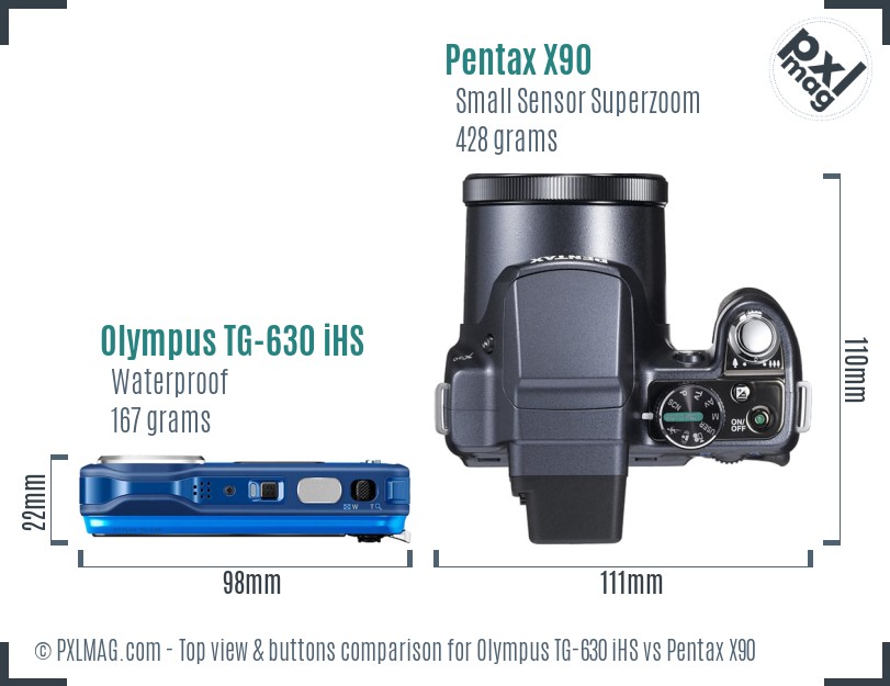 Olympus TG-630 iHS vs Pentax X90 top view buttons comparison