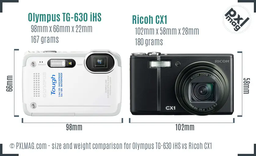 Olympus TG-630 iHS vs Ricoh CX1 size comparison