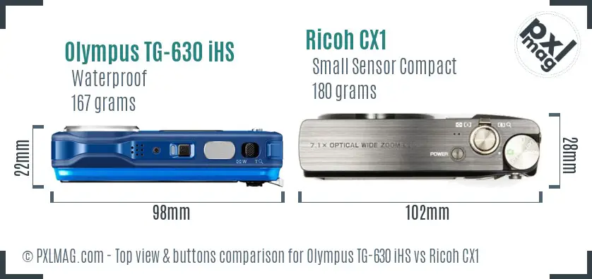 Olympus TG-630 iHS vs Ricoh CX1 top view buttons comparison