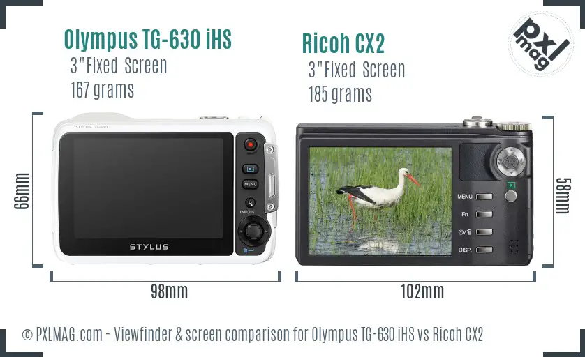 Olympus TG-630 iHS vs Ricoh CX2 Screen and Viewfinder comparison