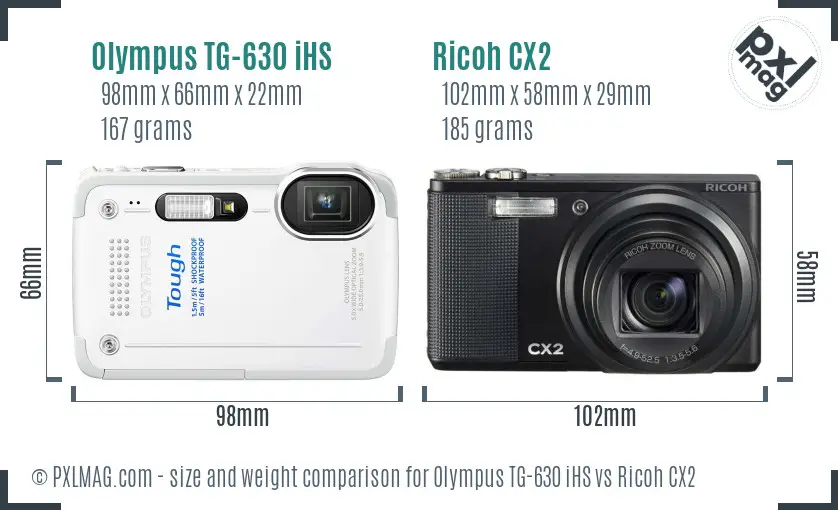 Olympus TG-630 iHS vs Ricoh CX2 size comparison