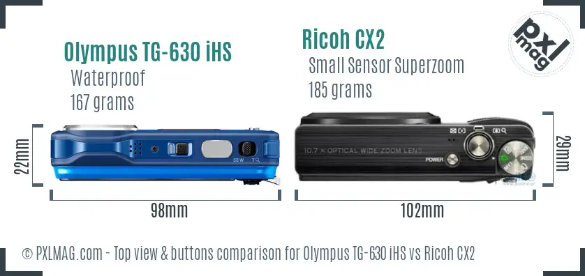 Olympus TG-630 iHS vs Ricoh CX2 top view buttons comparison
